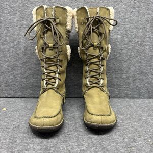 UGG Shoreline Olive/Tan Nubuck Lace Up Leather Boots Shearling Lining Sz 6